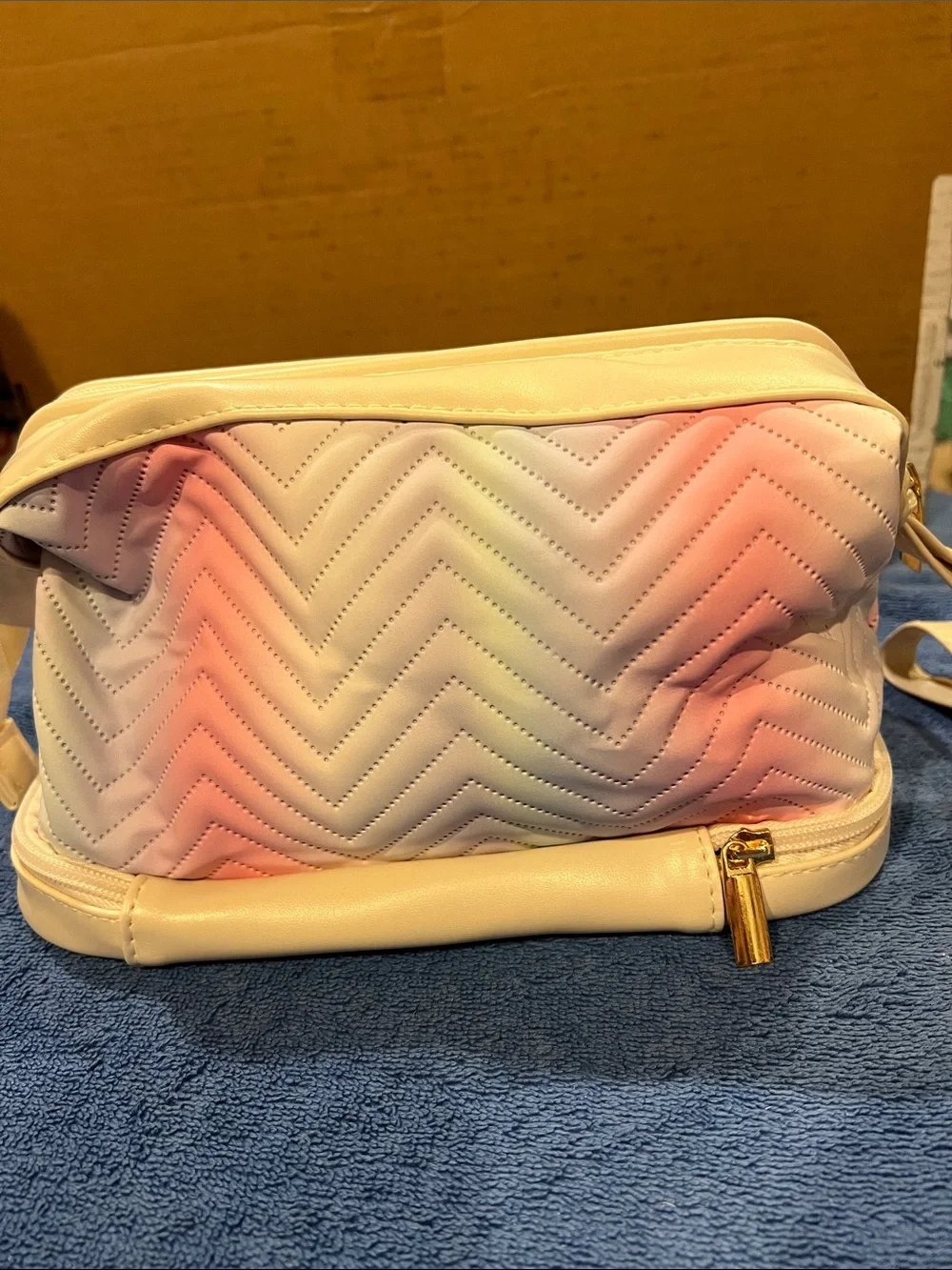 Quilted Chevron Pastel Ombre Travel Cosmetic Bag - Cream Pink